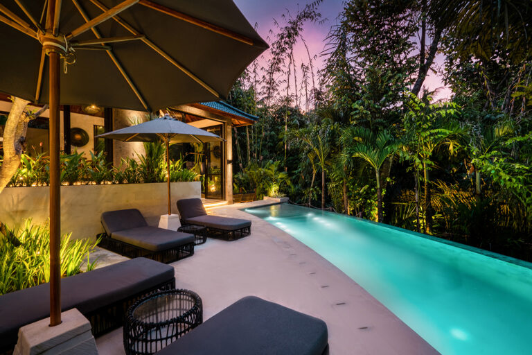 Relax on the comfortable sun loungers by the infinity pool, facing the lush vegetation.